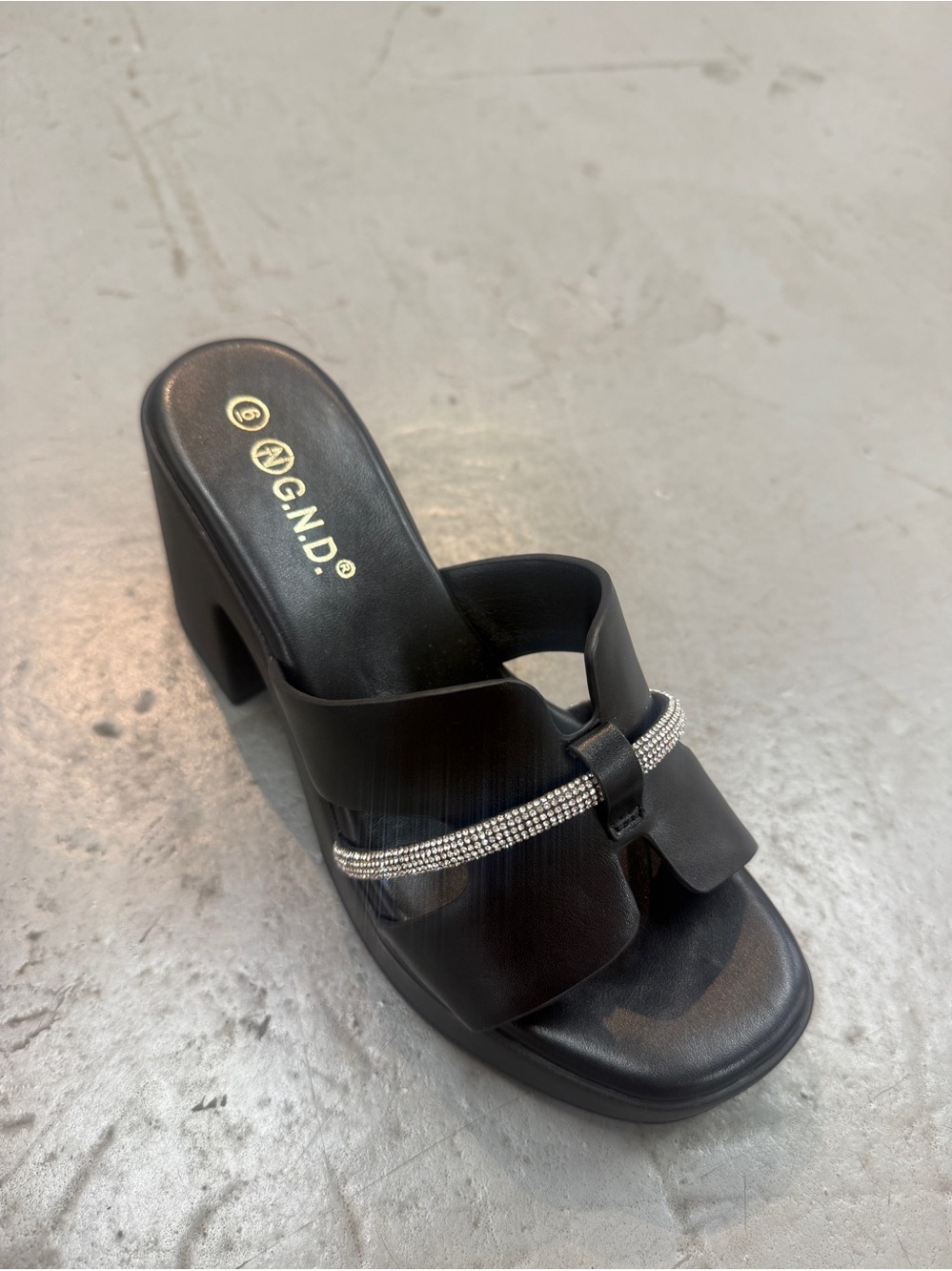 GND BlackRhinestone-Trim Slip-On Block Heel Mule